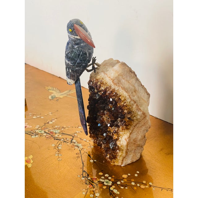 Contemporary 1960s Semiprecious Carved Stone Bird on Impressive Citrine Clusyer Geode Specimen For Sale - Image 3 of 5