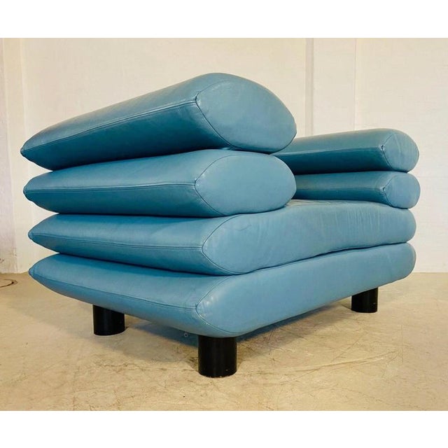 Vintage Postmodern Swedish Turquoise Leather Stacked Lounge Chair, 1980 For Sale - Image 16 of 18