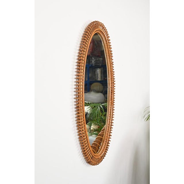 Large French Riviera Mirror in Rattan, Wicker and Bamboo attributed to J. Abraham, 1950s For Sale - Image 14 of 15