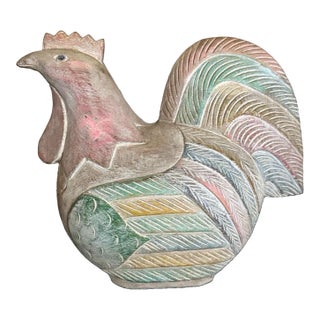 Vintage Late 20th Century Folk Art/Farmhouse Pastel Colored Carved Wood Chicken/Hen Figure For Sale