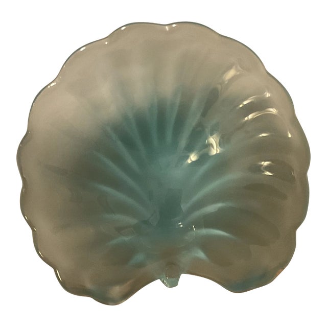 Murano Hand Blown Opalescent Blue Italian Art Glass Seashell Shaped Bowl For Sale