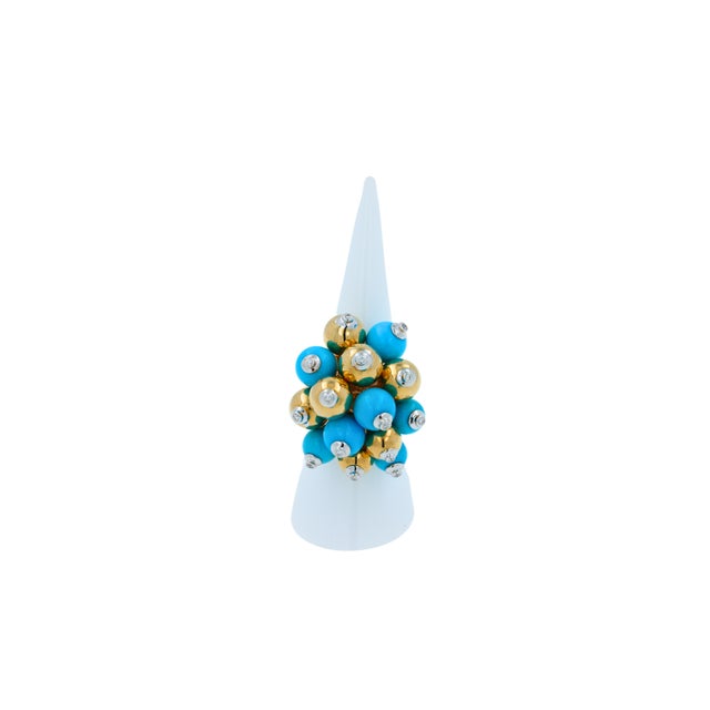Blue Turquoise Diamonds Golden Spheres Balls Christmas Bells Motif 18k Gold Ring, Size 6 For Sale - Image 11 of 14