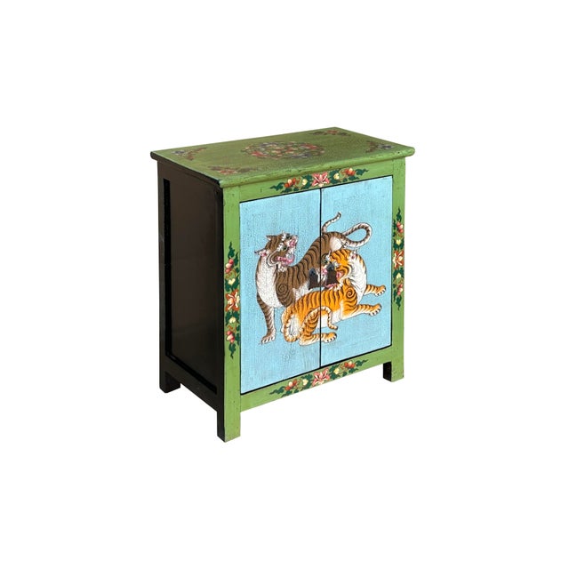 Asian Tibetan Style Lime Green Blue Two Tigers End Table Nightstand For Sale - Image 3 of 10