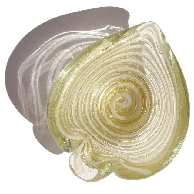 Vintage Murano Barovier Toso Gold Flecks White Swirl Italian Art Glass Heart Ashtray Dish Bowl For Sale In Orlando - Image 6 of 11