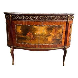 Antique French Louis XV Style Hand Painted Marble Top Demi-Lune Cabinet For Sale