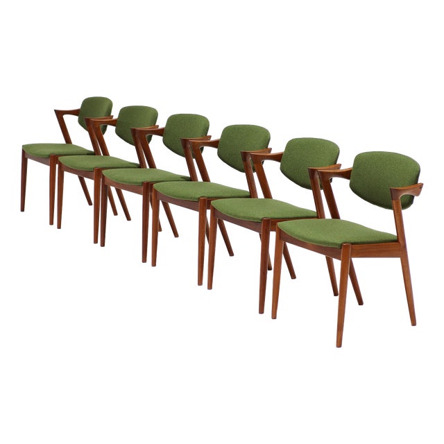 Model 42 Dining Chairs in Teak and Green Fabric by Kai Kristiansen for Schou Andersen, Denmark, 1960s, Set of 6 For Sale