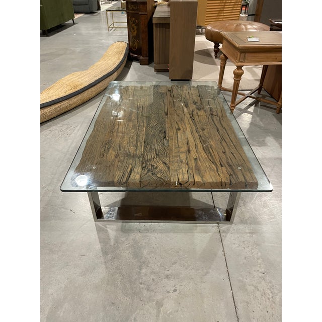 Early 21st Century Reclaimed Wood & Glass Coffee Table With Chrome Base For Sale - Image 5 of 9
