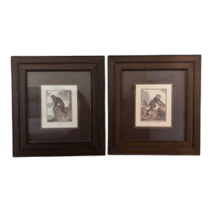 Vintage Pair of Monkey Prints Double Matted With Woven Pattern Frames
