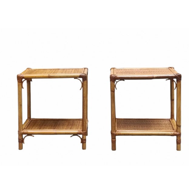 A pair of mid-century bedside tables made from bamboo, wicker and hand-woven rattan. Featuring a sturdy main frame made...