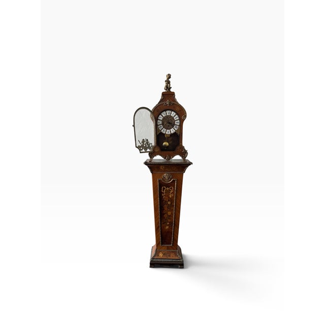 1920s Antique Italian Louis XV Style Marquetry & Bronze Pedestal Clock - C. 1920 (2-Piece Set) For Sale - Image 5 of 15