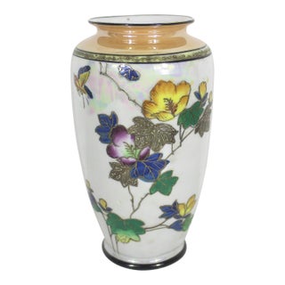 Vintage Iridescent Lustreware Japanese Hand Painted Porcelain Vase With Moriage Gold Decoration Nippon For Sale