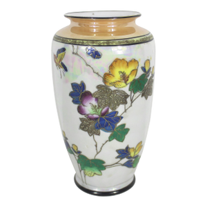 Vintage Iridescent Lustreware Japanese Hand Painted Porcelain Vase With Moriage Gold Decoration Nippon
