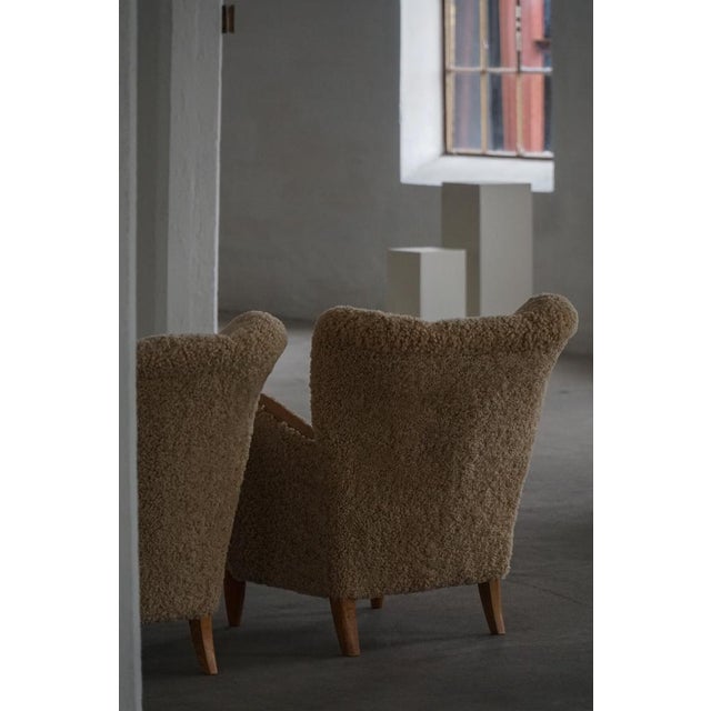 Danish Modern Art Deco Lounge Chairs in Shearling Lambswool & Elm, 1940s, Set of 2 For Sale - Image 9 of 18