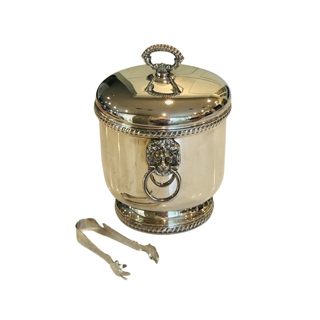 Vintage the Sheffield Silver Co. Silver-Plated Ice Bucket With Lion Head Handles, Milk Glass Liner & Ornate Ice Tongs | Hollywood Regency Barware For Sale - Image 6 of 15