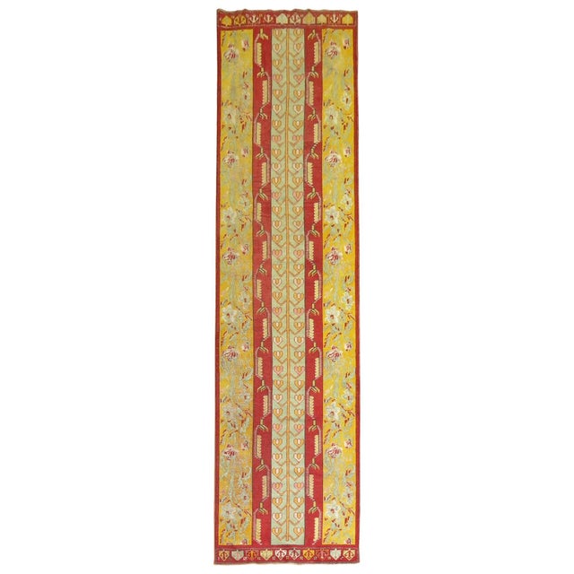 Fine quality bright Turkish runner with an elegant vertical floral motif. Bright red, powder blue, yellow accents, circa...