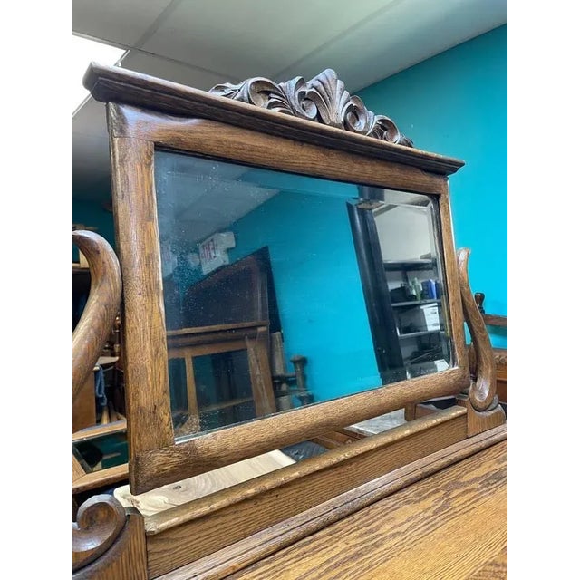 Early 1900's Hand Carved Antique Tiger Oak Mirrored Dresser, Five Drawers, Original For Sale - Image 10 of 10