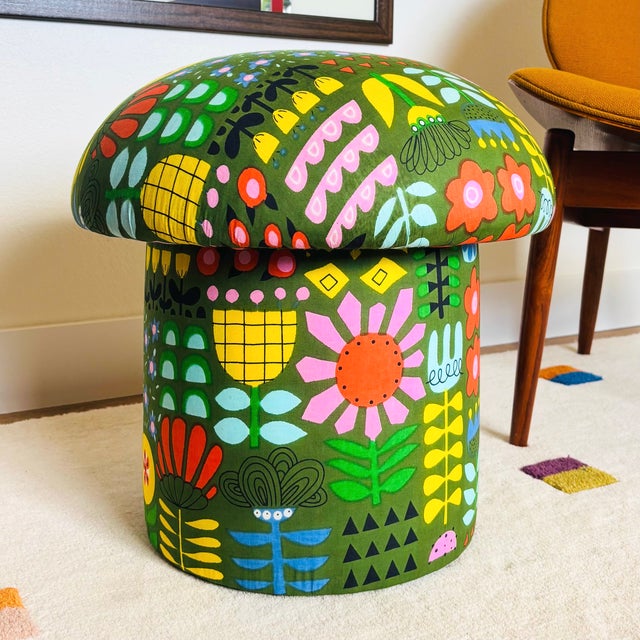 Mushroom Ottoman in Green Garden Hand Block Printed Fabric For Sale - Image 4 of 11