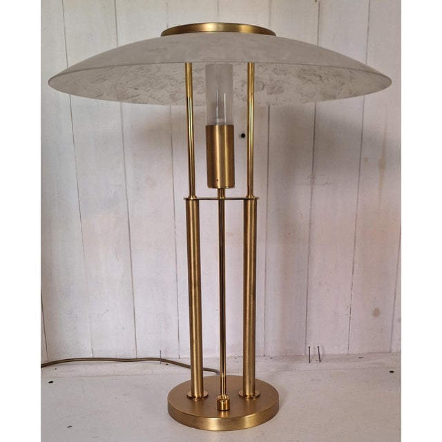 Dimmable Brass-Colored Metal Table Lamp with Glass Shade from TZ-Leuchten, 1980s, in Very Good conditions. Designed 1980...