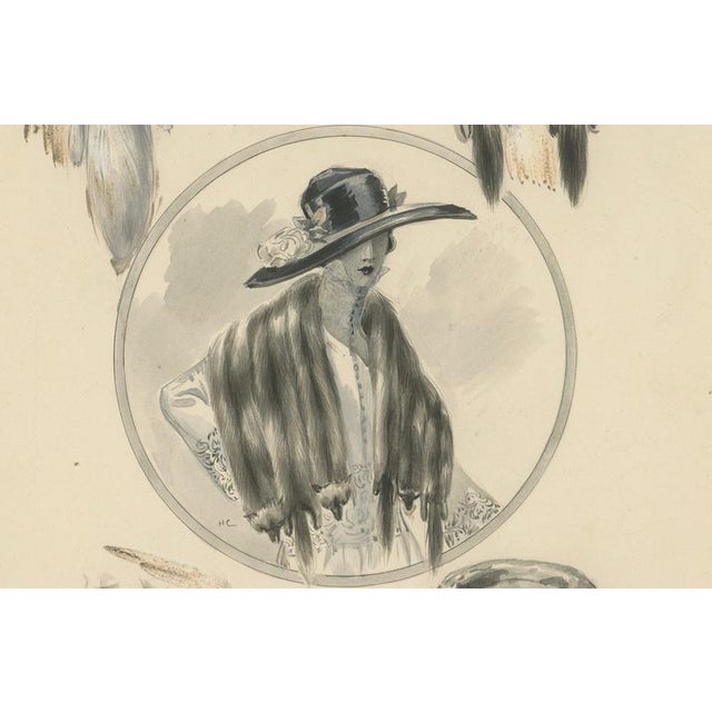 After Ferdinand-Léon Ménétrier, Fashion Design with Fur Stoles and Lady, 1910, Watercolor and Gouache on Cardboard For Sale - Image 4 of 10