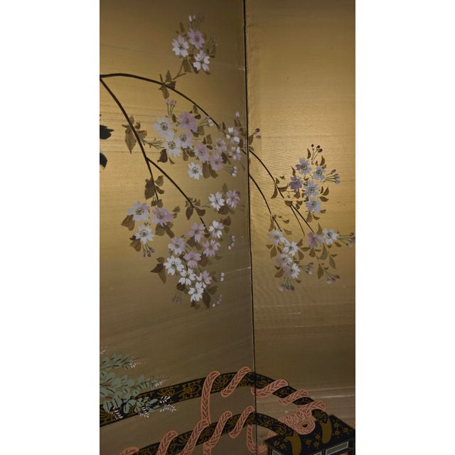 Attributed Okuda Hōgen (Hōen) Japanese Hanaguruma Four-Panel Byōbu Folding Screen on Gold Silk, Early 20th Century For Sale - Image 4 of 16