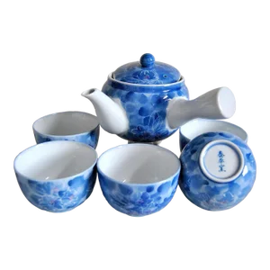 Koransha Fukagawa Blue Porcelain Tea Set Sakura Chawans and Tea Pot - 6 Piece Set
