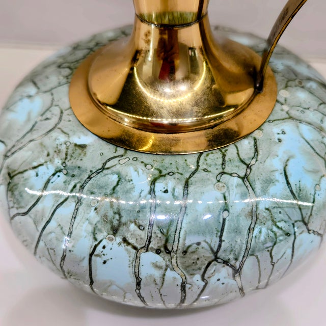 Aqua 1960s Hand-Painted Delft Holland Brass and Aqua Ewer Vase For Sale - Image 8 of 9