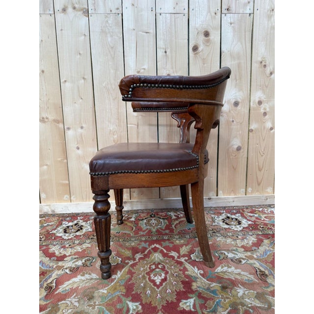 Napoleon III Style Oak and Leather Office Chair, 19th Century For Sale - Image 3 of 6