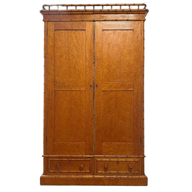 Early 20th Century French Belle Époque Faux Bamboo Bird's-Eye Maple Armoire For Sale
