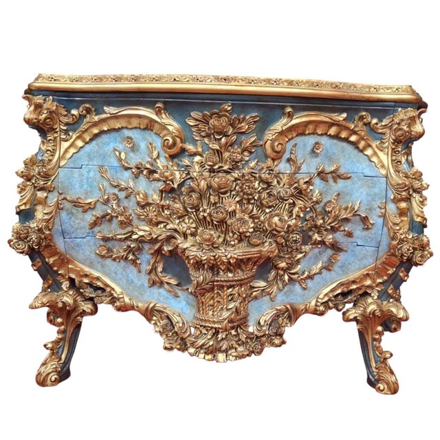 Rococo Hand-Carved Rococo Chest of Drawers Blue & Gold Floral Dresser For Sale - Image 3 of 3