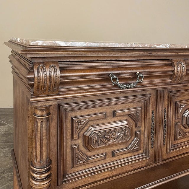 19th Century French Neoclassical Henri II Marble Top Walnut Buffet For Sale - Image 15 of 18