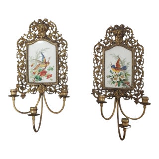 Pair of Antique Victorian Brass Candelabra Sconces With Filigreed Decoration and Painted Porcelain Insets For Sale