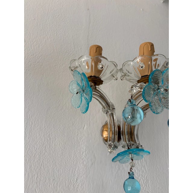 C 1930 Rare Pair Aqua Blue 3 Lights Murano Flowers Crystal Sconces One of Kind For Sale - Image 10 of 12