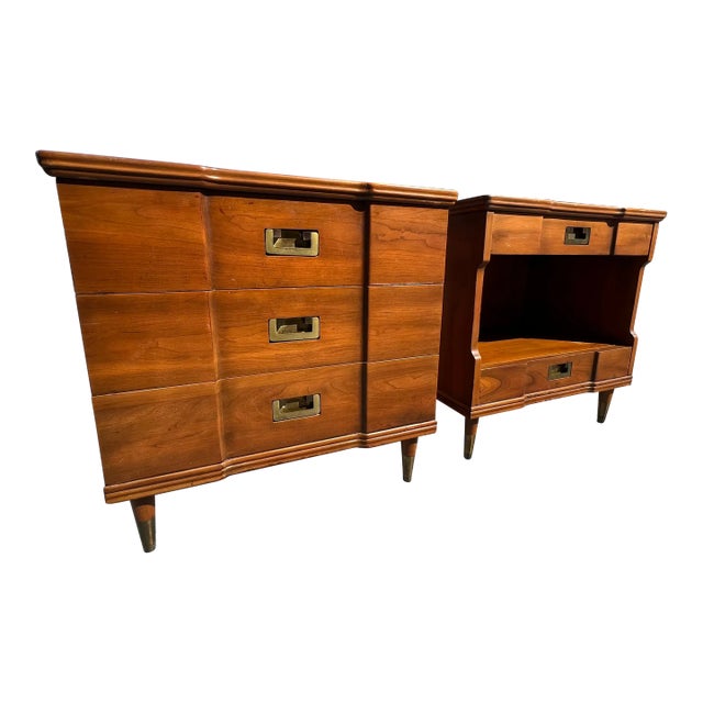 Pair Widdicomb Campaign Style Solid Cherry Brass Pulls Night Stands Tables For Sale