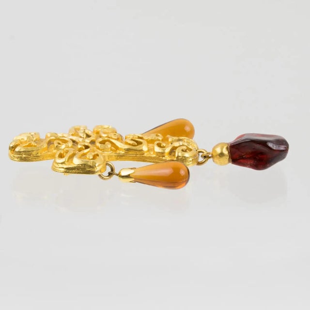 Gold Edouard Rambaud Byzantine Gilded Metal Cross Brooch with Amber Resin Drops For Sale - Image 8 of 8