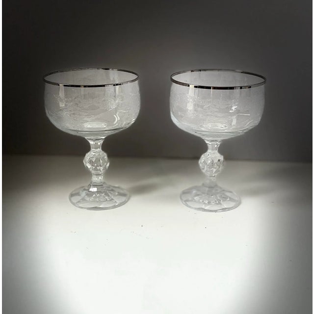 Vintage Etched Crystal Champagne Coupes With Platinum Rim, Faceted Stem Barware – Set of 2 For Sale - Image 9 of 9