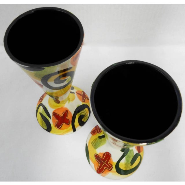 Folk Art Marilee Hall Pair of Colorful Glazed Pottery Goblets For Sale - Image 3 of 8