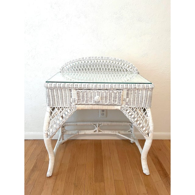 Vintage White Rectangular Wicker & Bamboo Desk, Console or Vanity With Glass Top, Drawer For Sale - Image 10 of 10