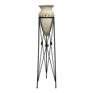 Regency Style Iron Plant Stand + Ceramic Urn, Set of Two For Sale