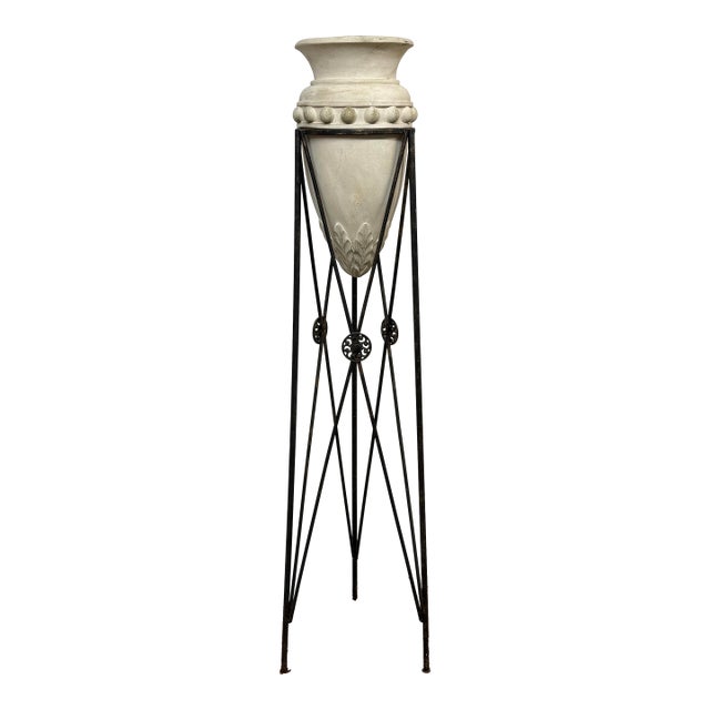 Regency Style Iron Plant Stand + Ceramic Urn, Set of Two For Sale