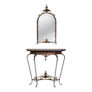 Oscar Bach Attributed Gilded Iron Console With Beveled Mirror, Marble Top, C. 1920 For Sale