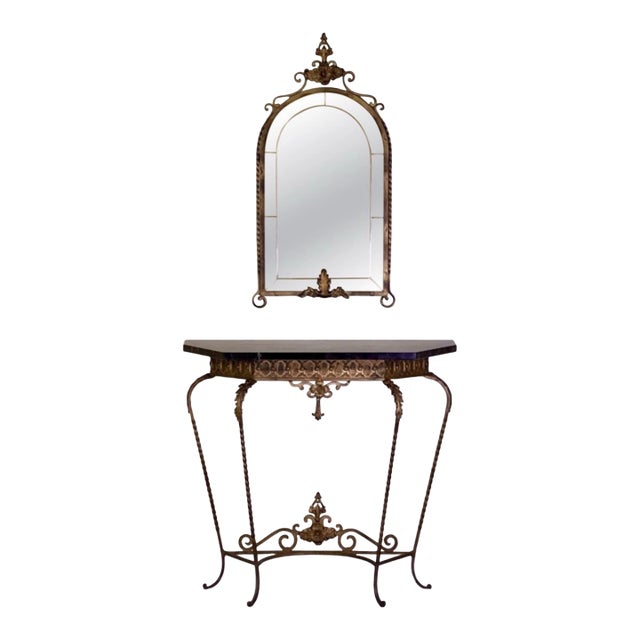 Oscar Bach Attributed Gilded Iron Console With Beveled Mirror, Marble Top, C. 1920 For Sale