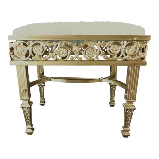 Vintage Mid Century Gold Metal & White Faux Fur Upholstered Footstool For Sale