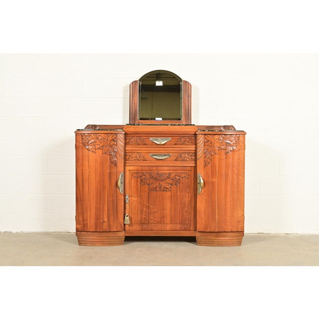 French Art Deco Carved Walnut Marble Top Sideboard or Bar Cabinet, Circa 1930s For Sale - Image 13 of 13