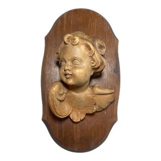 Antique Hand Carved Wood Winged Cherub Sculpture Wall Plaque Figure Bust Art For Sale