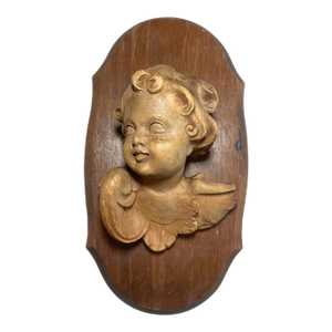 Antique Hand Carved Wood Winged Cherub Sculpture Wall Plaque Figure Bust Art