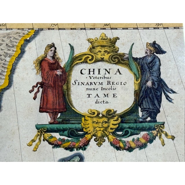 Chinoiserie c.1650's Antique Hand Colored Map of China - Framed For Sale - Image 3 of 9