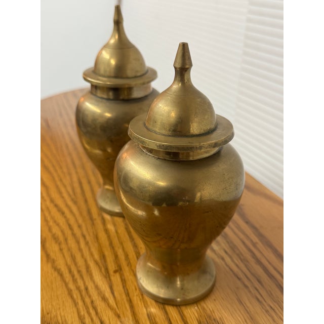 Brass Brass Ginger Jar Urn Shaped Vessels + Lids, Set of Two For Sale - Image 8 of 12