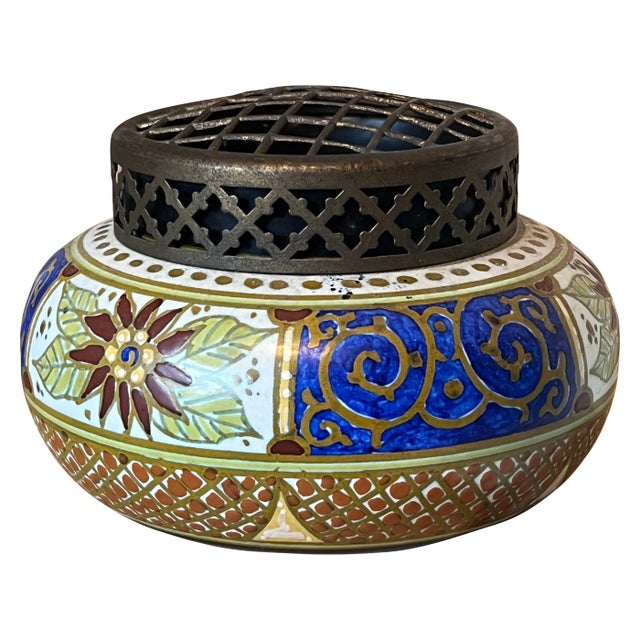 Antique Floral Dutch Ceramic Vase With Detachable Top Dated 1846 For Sale