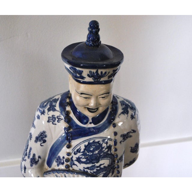 1940s 1940s Blue White Statuette of Chinese Figure With Dragon Traditional Robe and Character Reign For Sale - Image 5 of 13