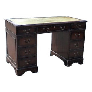 Pedestal Desk in Mahogany with Green Leather Top For Sale